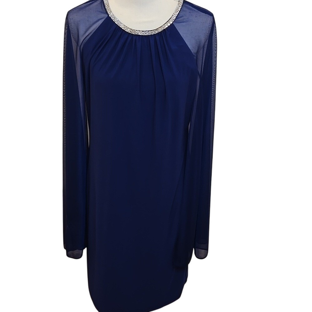 R&M Richards Blue Evening Formal Dress Cape Style Rhinestones Scoop‎ Neck Sz 12